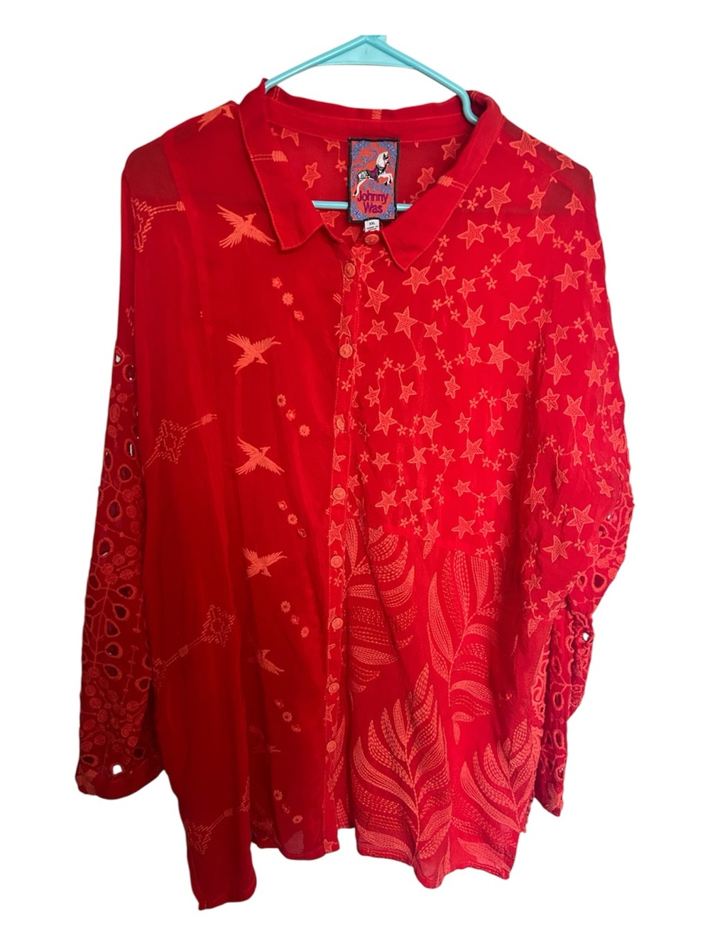 JOHNNY WAS Red Mixed-Print Button Down Blouse XXL